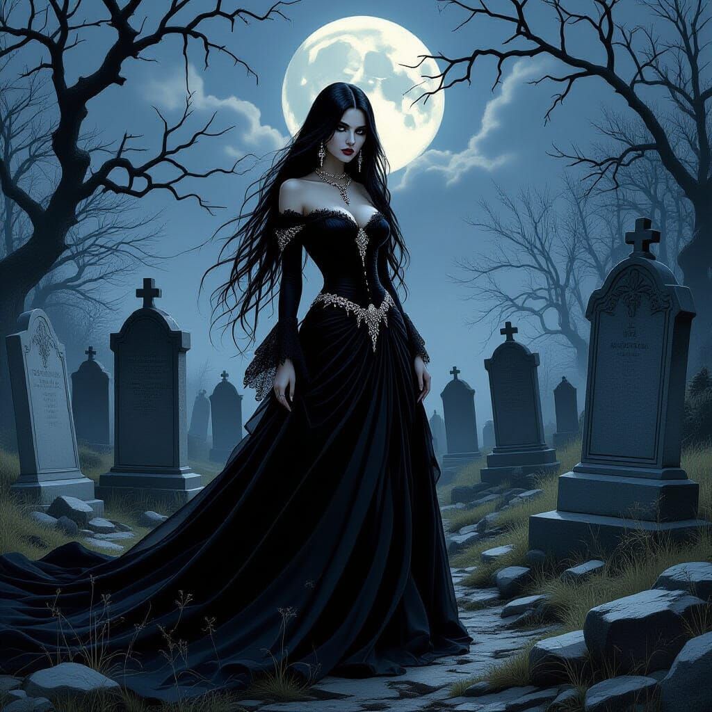Gothic Woman in Graveyard, Beksiński and McKean Style