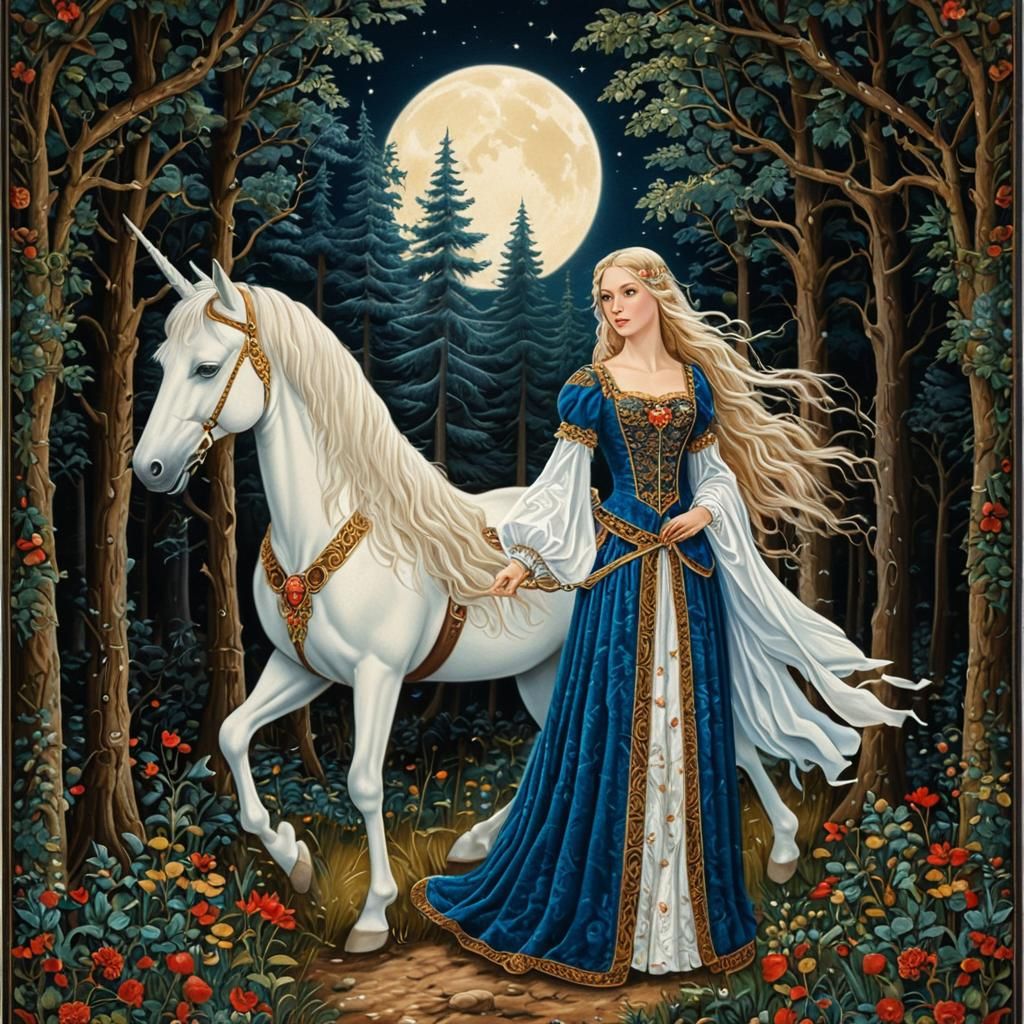 Enchanted Forest Tapestry: Maiden and Unicorn