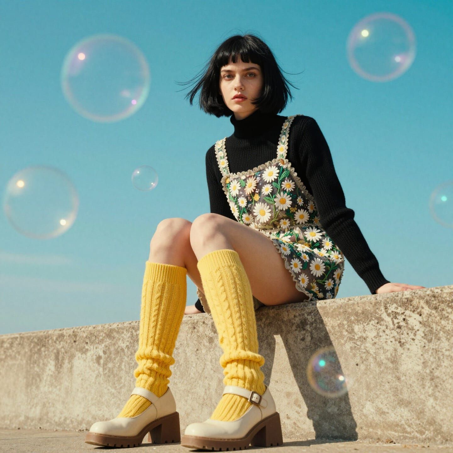 Young Woman in Pinafore With Bubbles, Retro-Futuristic Style