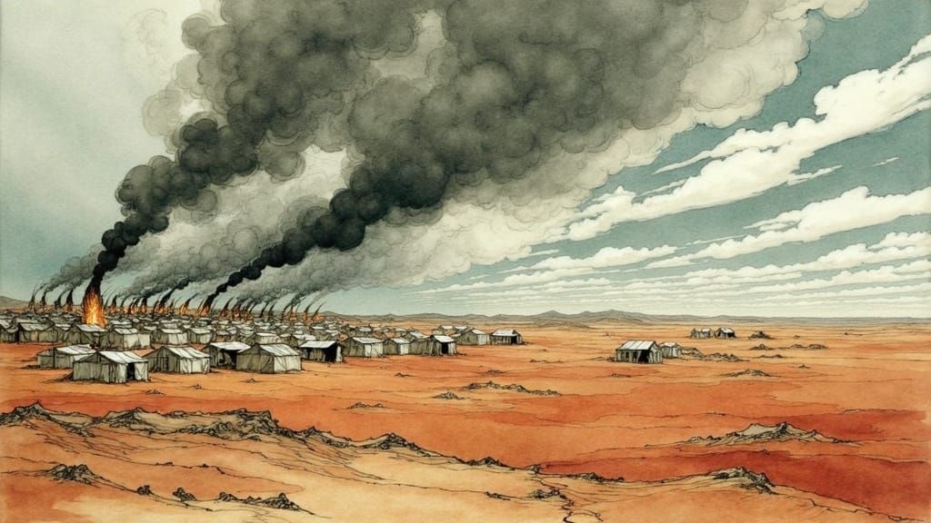 Desert Refugee Camp in Arthur Rackham Illustration Style
