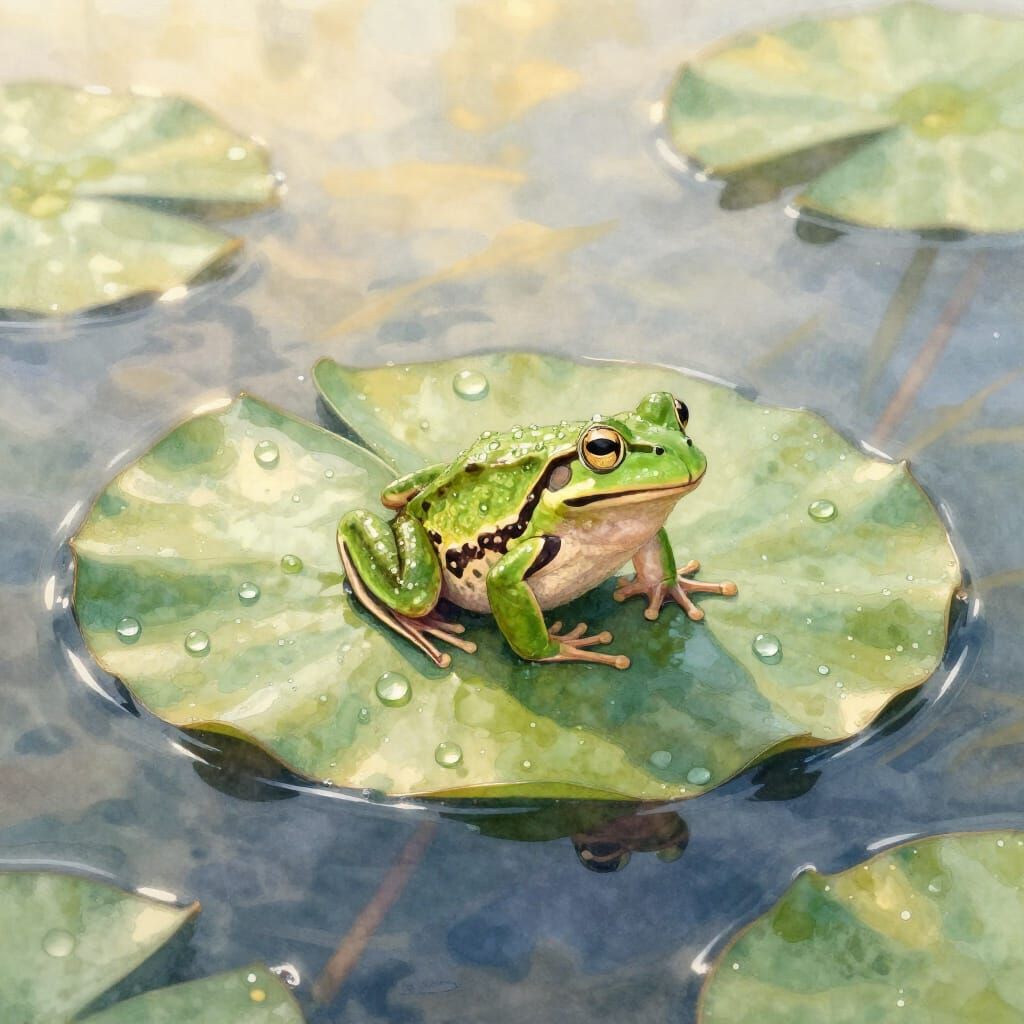Vibrant Frog on Lily Pad in Golden Morning Light