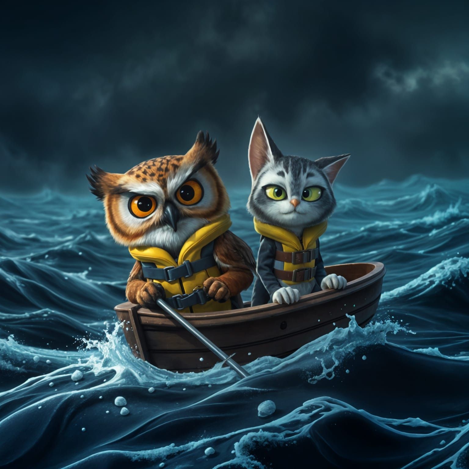 Unhappy Owl and Pussycat on Stormy Sea, Dark Pixar Style
