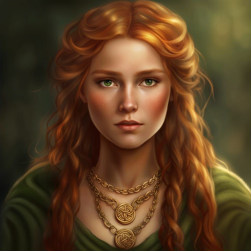 Celtic-Saxon Woman with Copper Hair and Gold Necklace