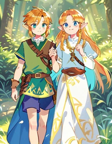 Link and Zelda Holding Hands in Forest
