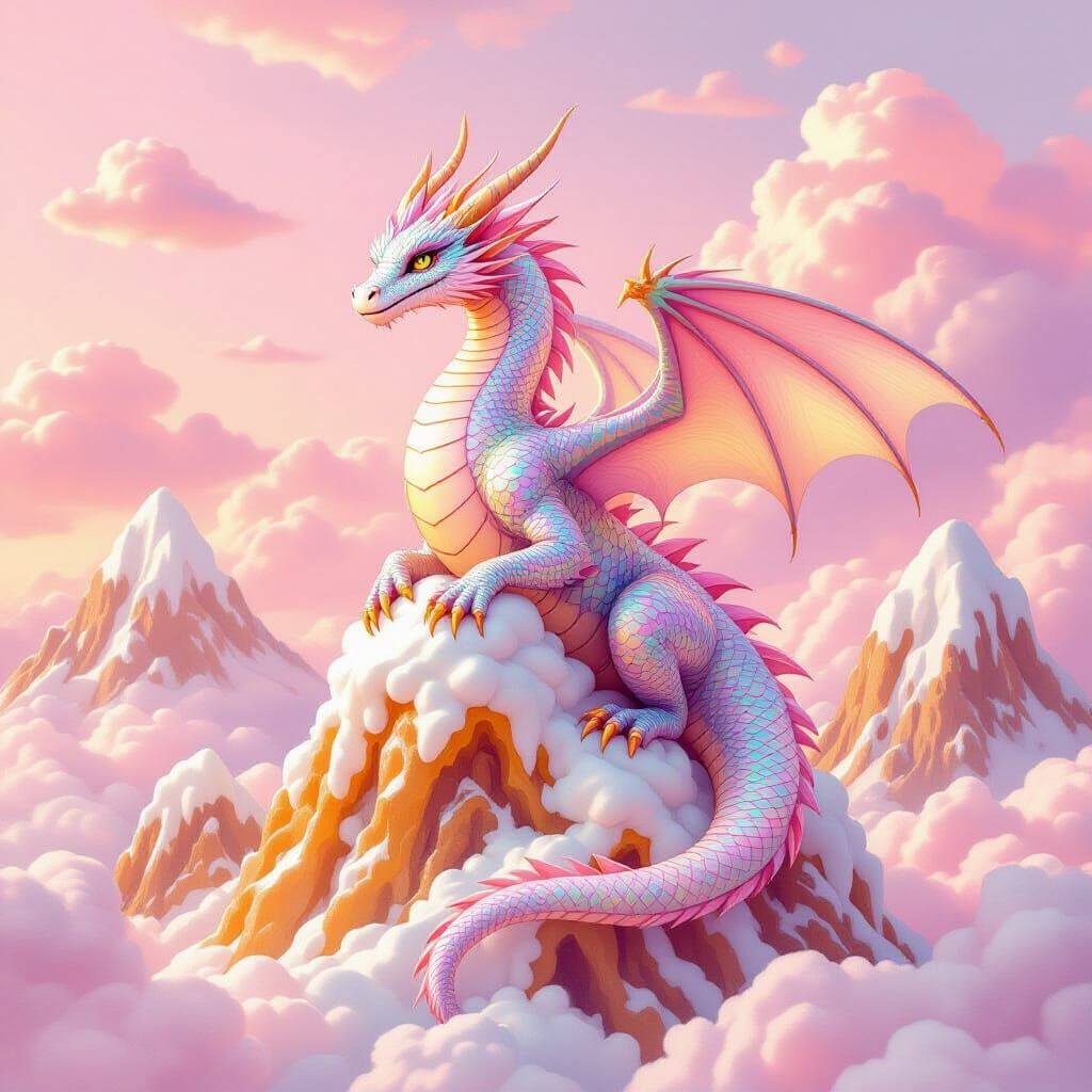 Majestic Dragon on Nougat Mountains in Surreal Style