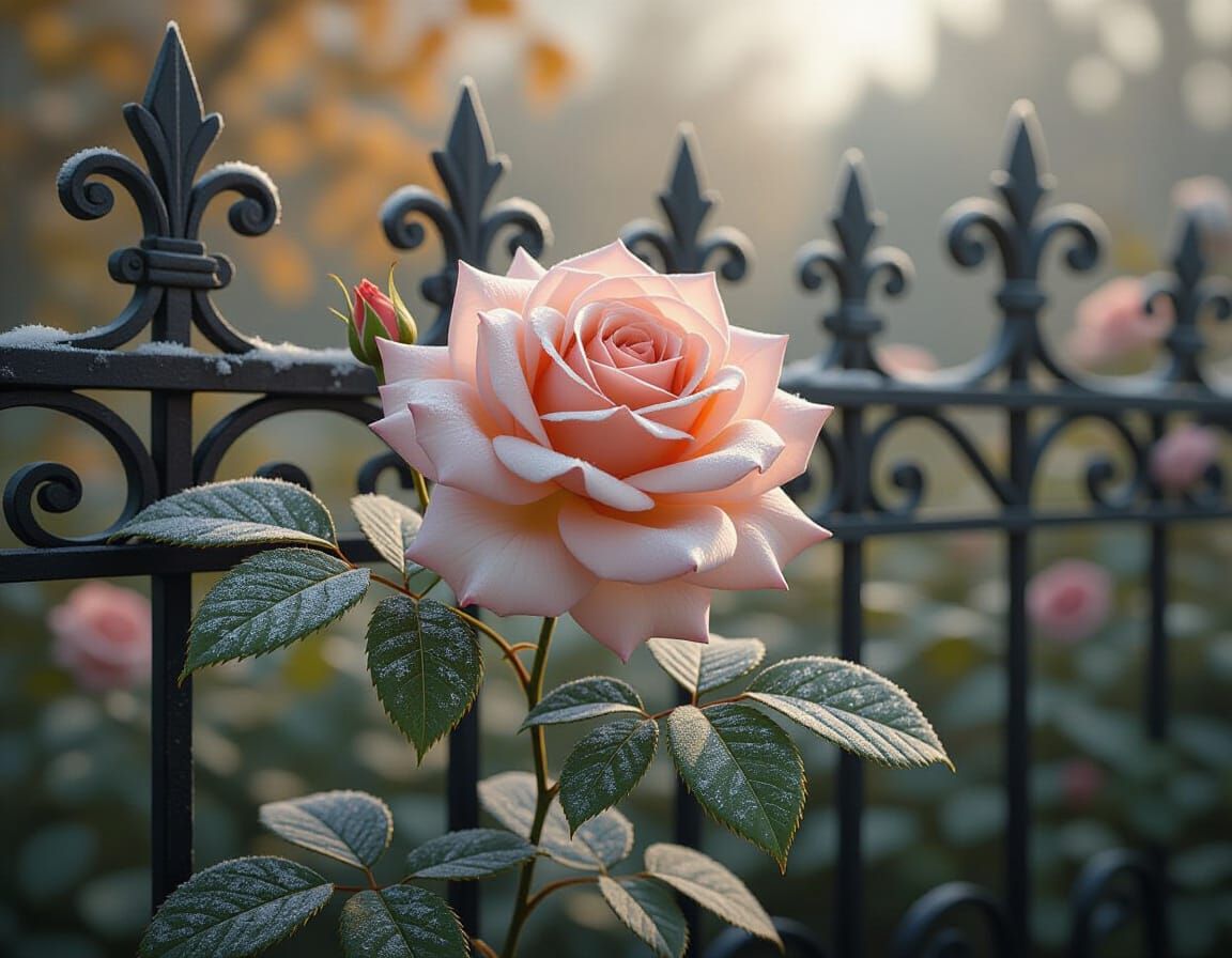 Frosty Tea Rose by Wrought-Iron Fence in Autumn Light