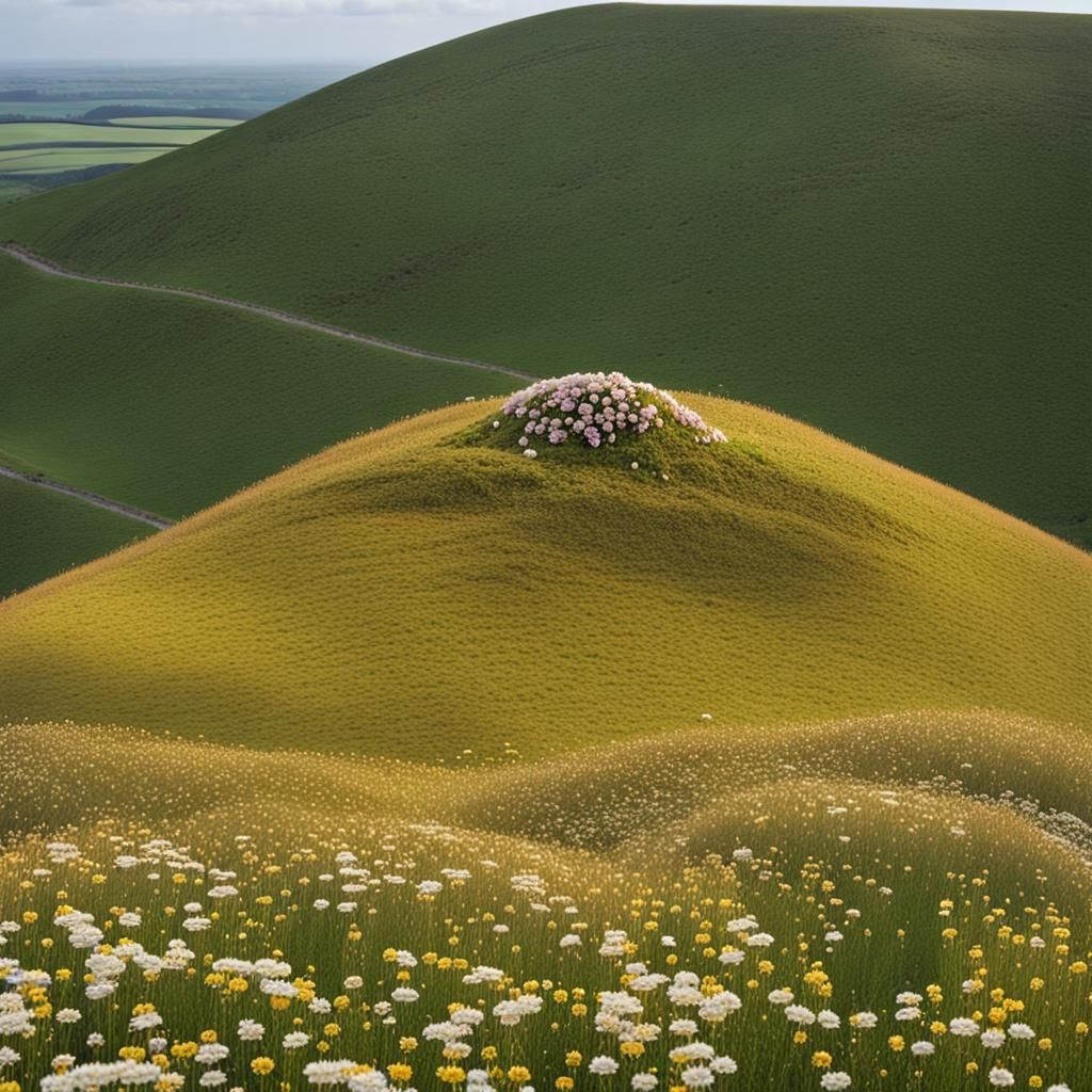 An iron age burial mound atop a lonely hill covered with simbelmyne flowers.