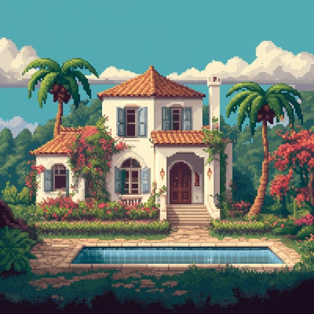 8-Bit White Villa in a Vibrant Exotic Garden