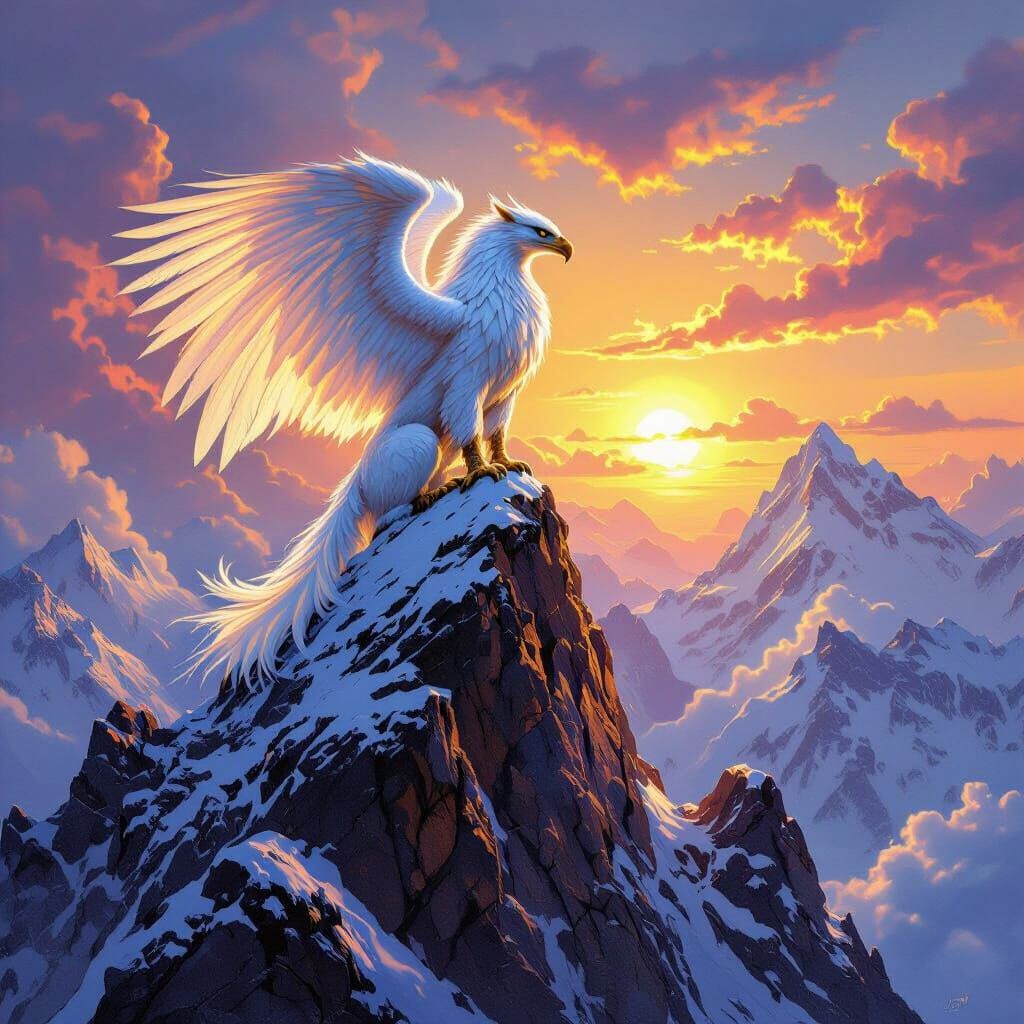 Iridescent Griffin Perched on Snow-Capped Peak