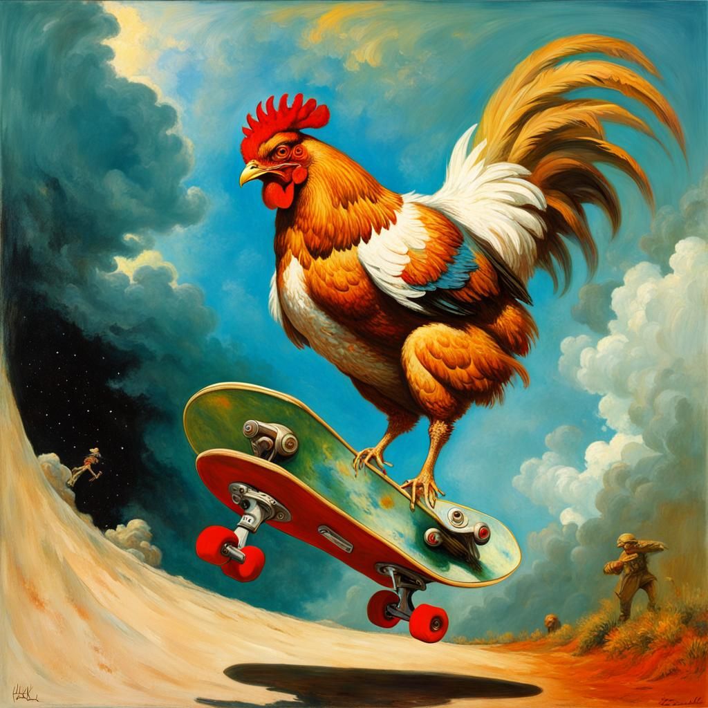 Chicken Skateboarding in Abstract Liminal Space