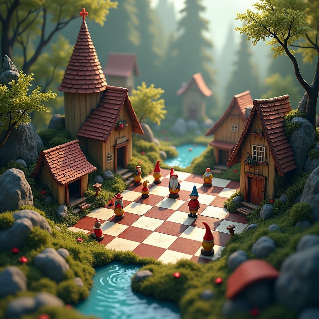 detailed The Village of the Gnomes A life on the chessboard view from above,close up,
In a mysterious land there existe...