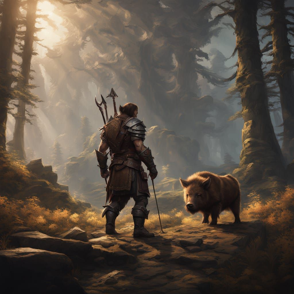 Halfling Ranger and Armored Boar: Fantasy Art