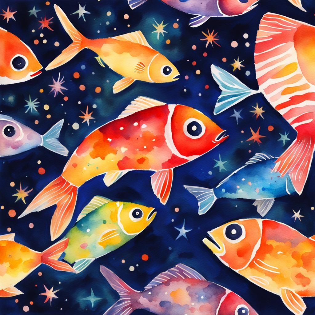 Impressionist Fish Made of Fireworks Watercolor