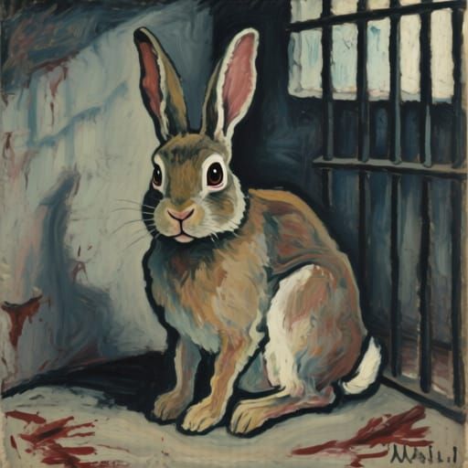 Expressionist Rabbit in Shadowed Cell