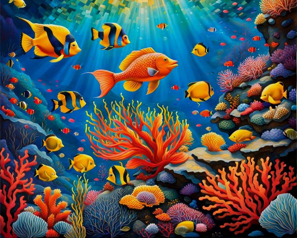 Vibrant Mosaic: Mermaid Underwater Scene in Digital Painting...