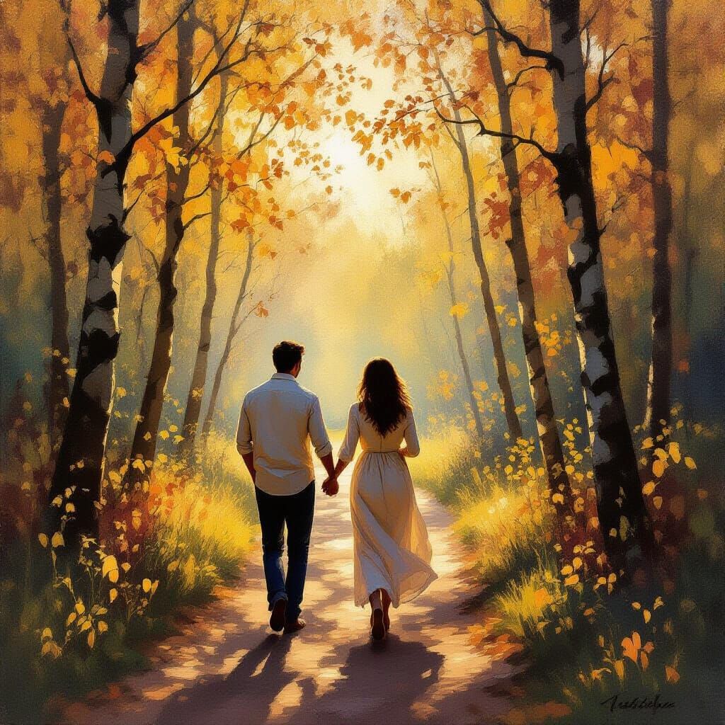 Pregnant Couple Walking in Sun-Dappled Forest