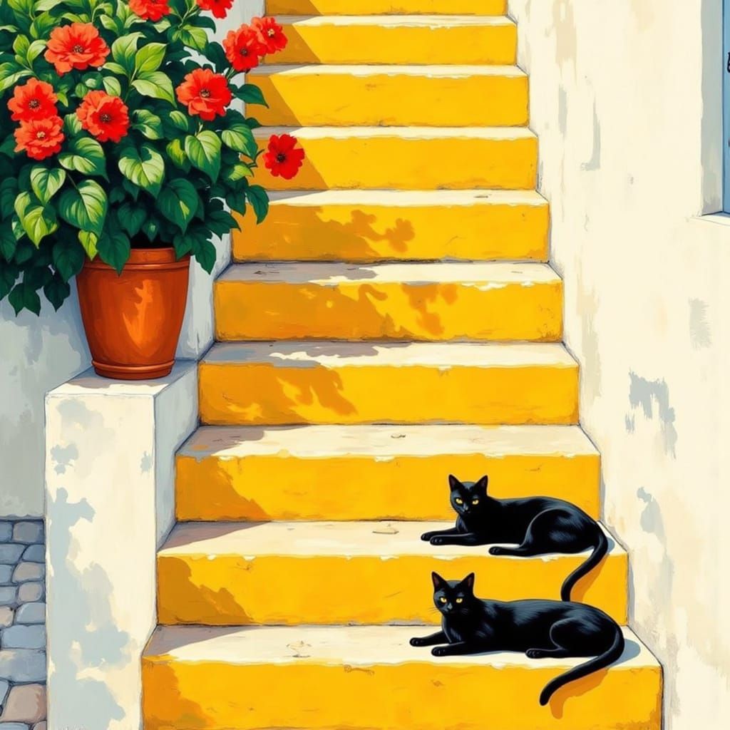 Vibrant Yellow Stairs and Cats in Sunny Mediterranean Scene