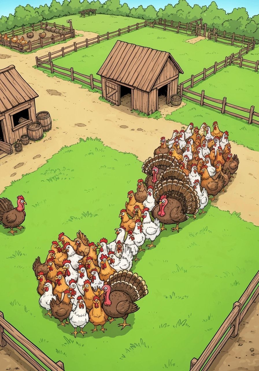 Cartoon Chickens and Turkeys Form Drumstick Shape