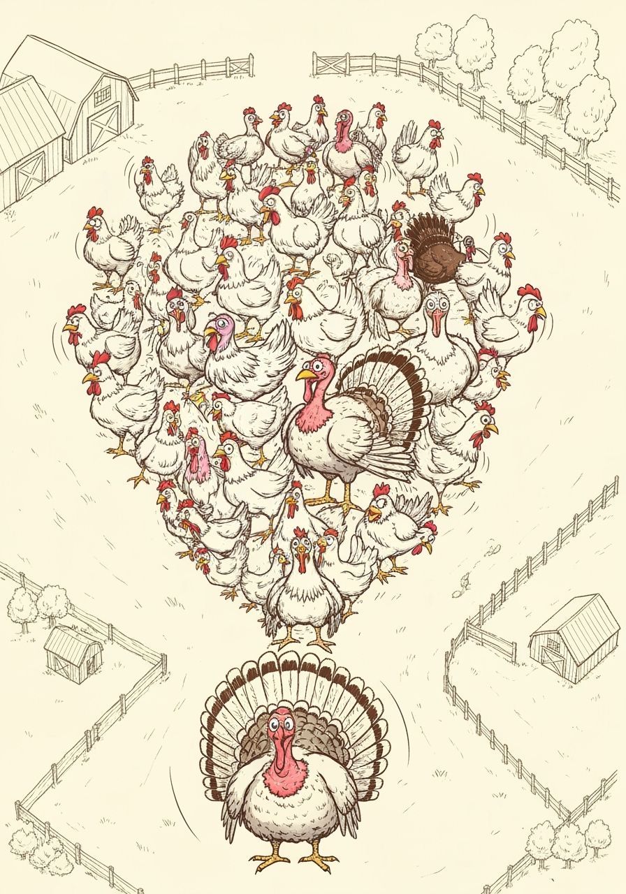 Chickens and Turkeys Form a Drumstick: Cartoon Illustration