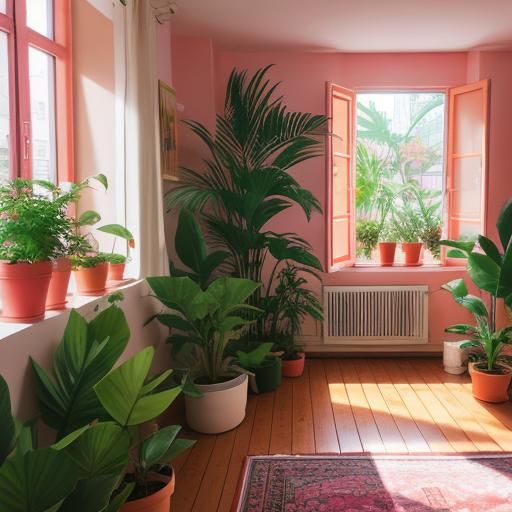 Pink and Orange Apartment with Plants in Sunlight