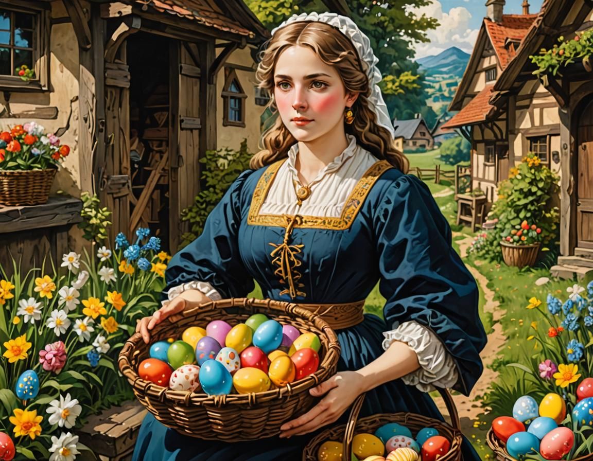 German Woman with Easter Eggs in Anime Style
