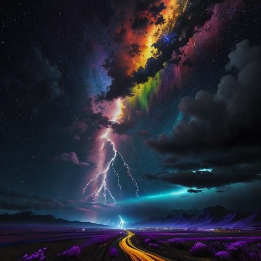 Lightning Storm Landscape in Vibrant Impasto Style