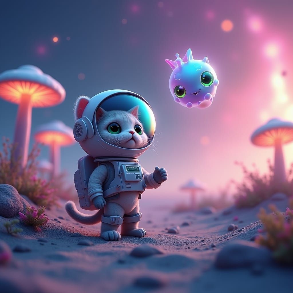 Enchanted Alien Sunset with Pixar Cat Astronaut and Glowing ...