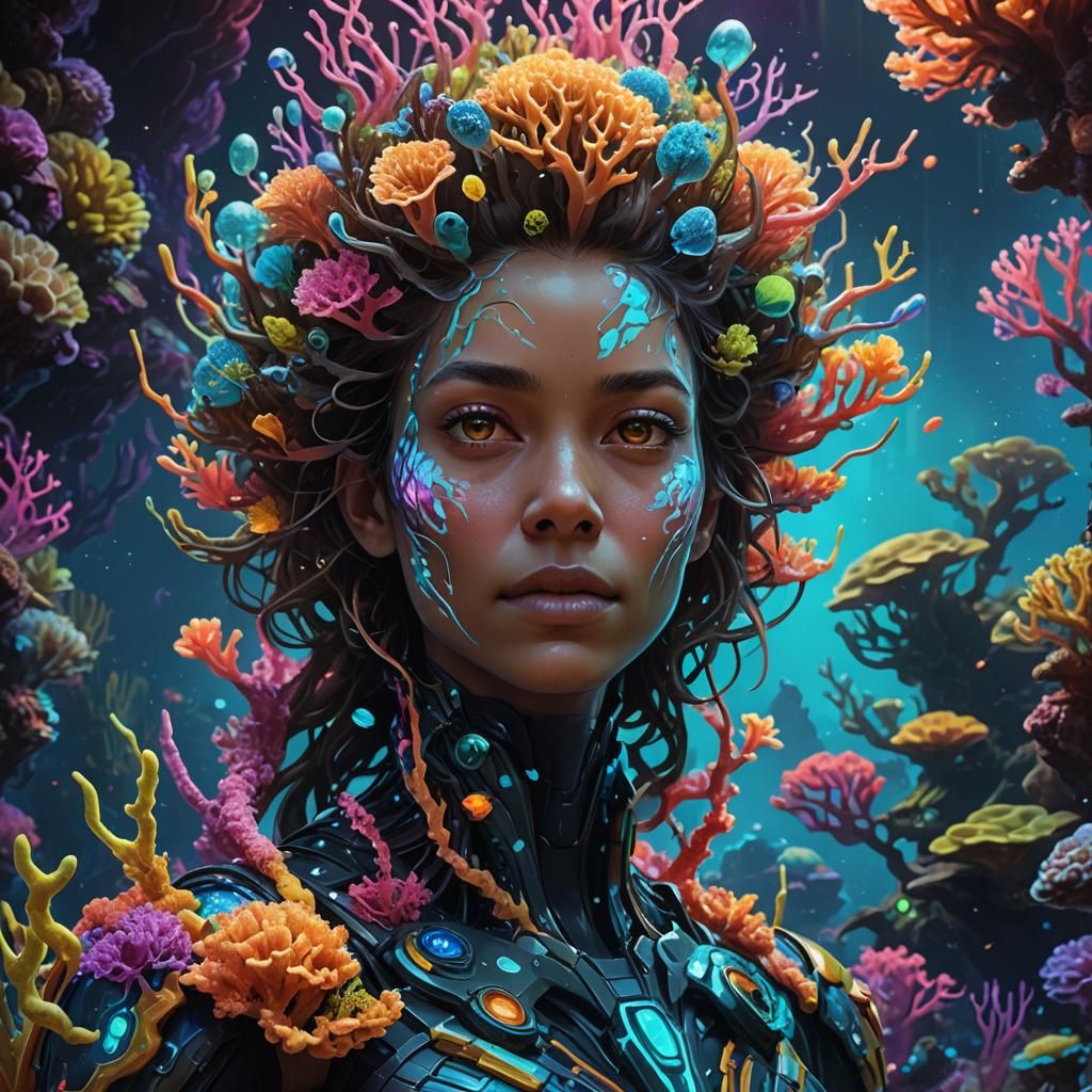 Bioluminescent Being in Fluorescent Coral Reef