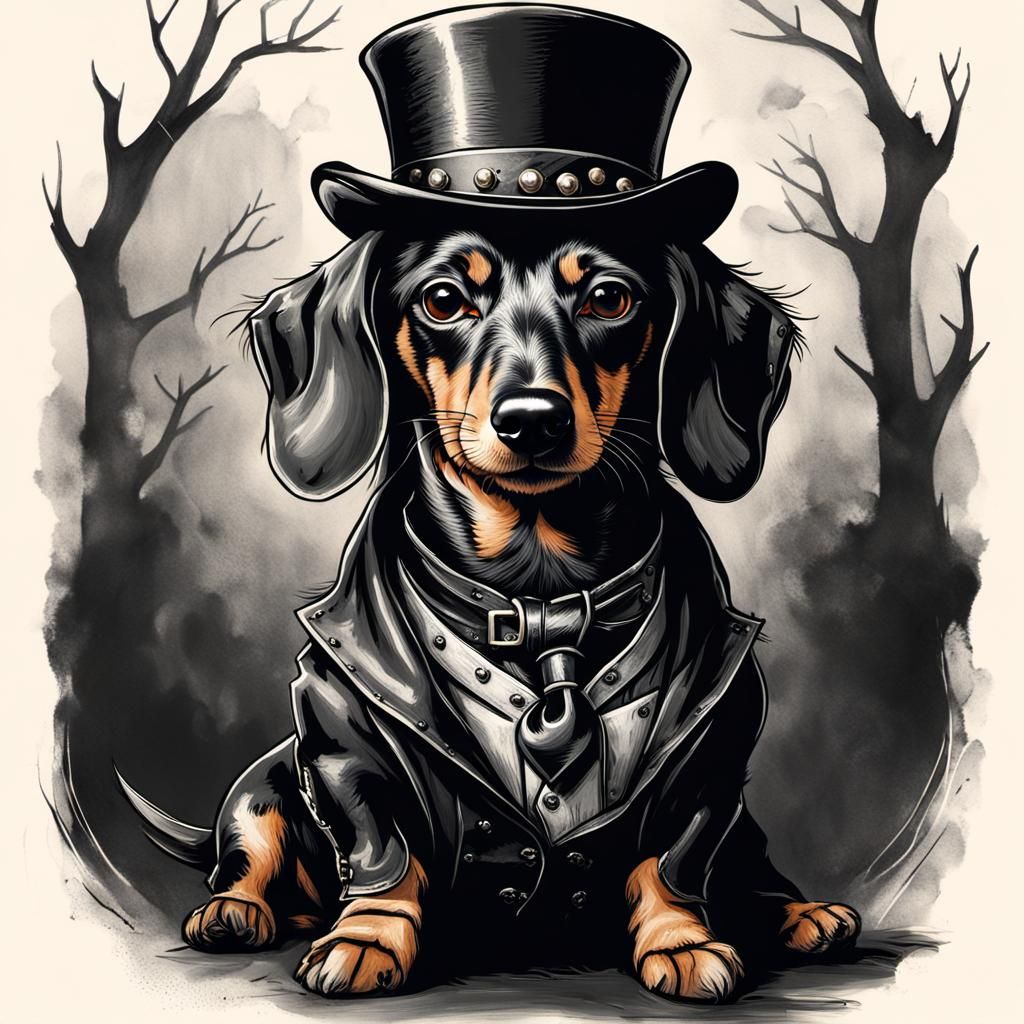 A Fierce Dachshund in Top Hat and Tattoos, Rendered in Hyper...