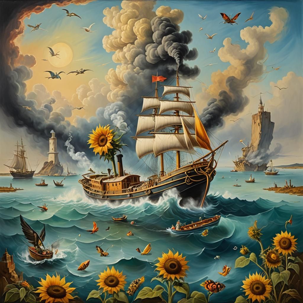Surrealist Boat with Sunflower Chimney, Oil on Canvas