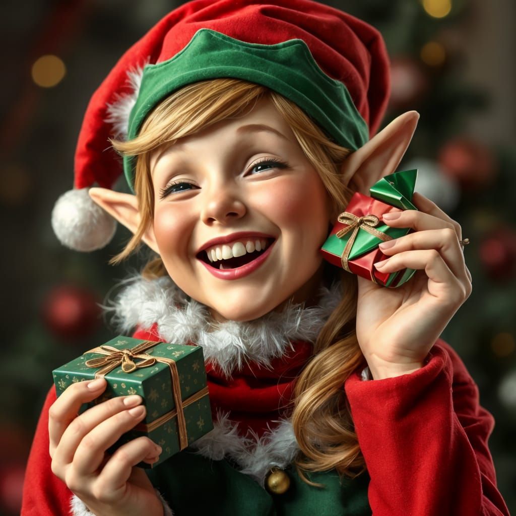 Jolly Christmas Elf Smiling with Gift