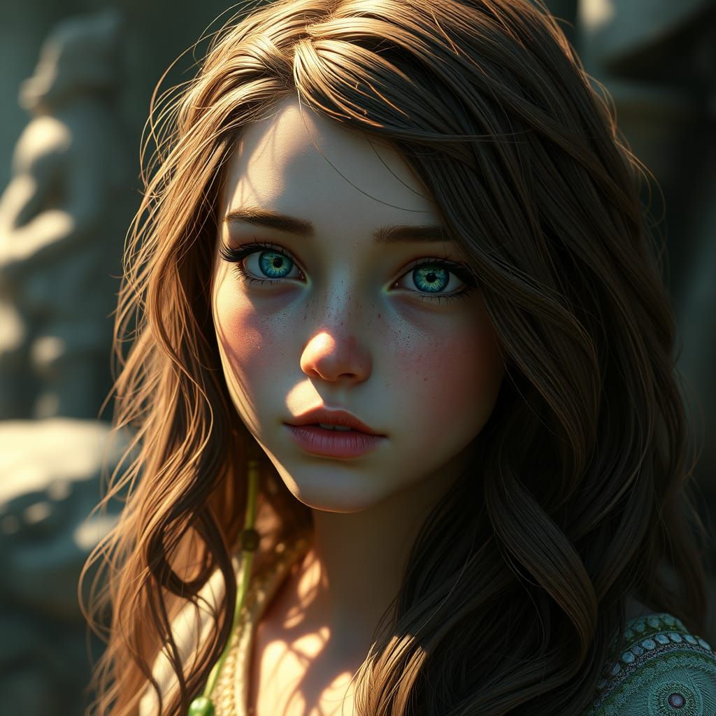 Fantasy Girl with Emerald Eyes: Matte Painting Style
