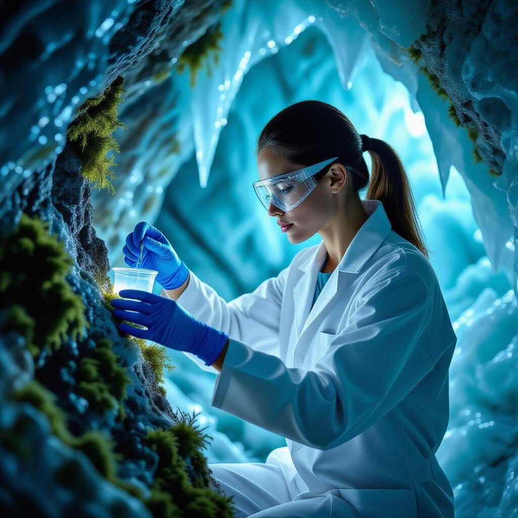 Female Scientist Collects Lichen in Crystal Ice Cavern