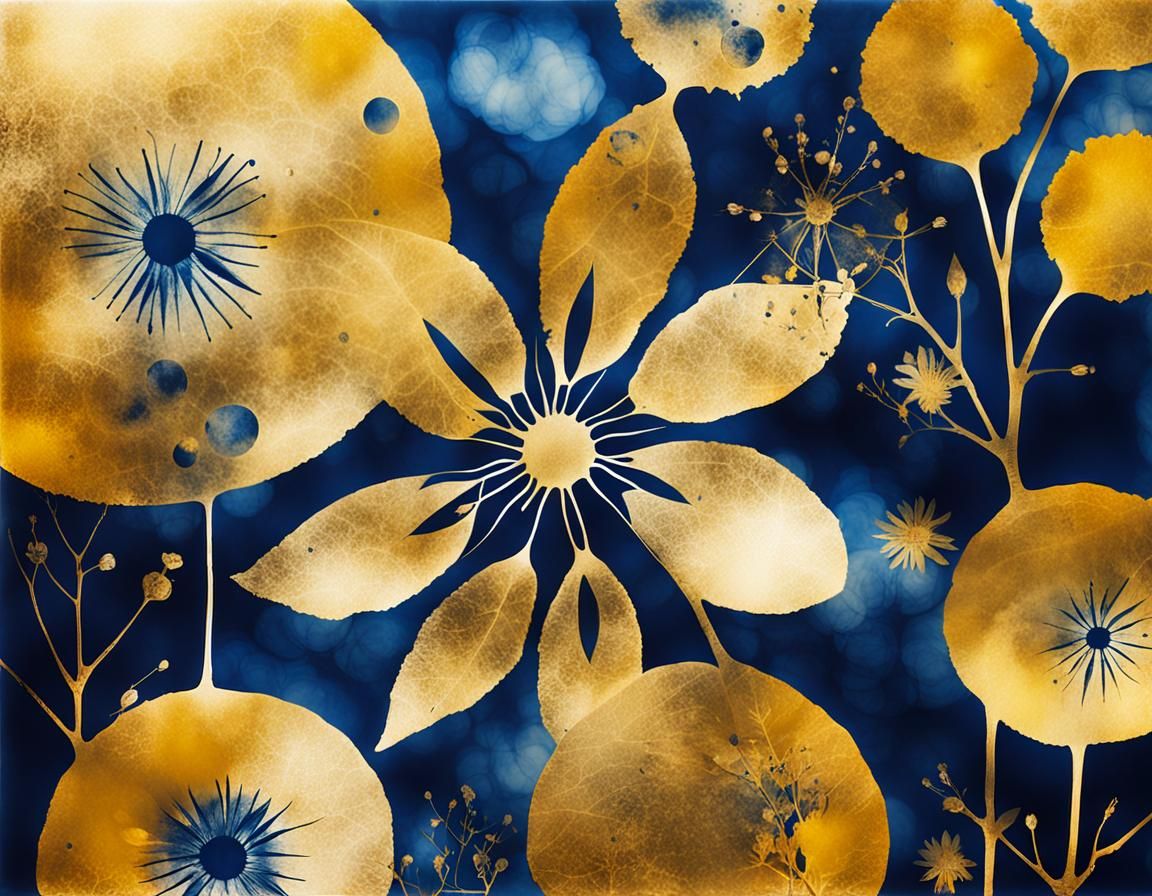 Cyanotype Photogram of Nature with Golden Sun