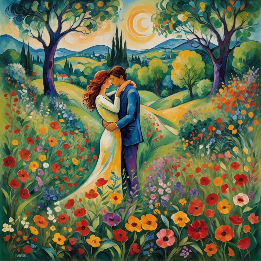 Dreamy Expressionist Couple in Lush Landscape