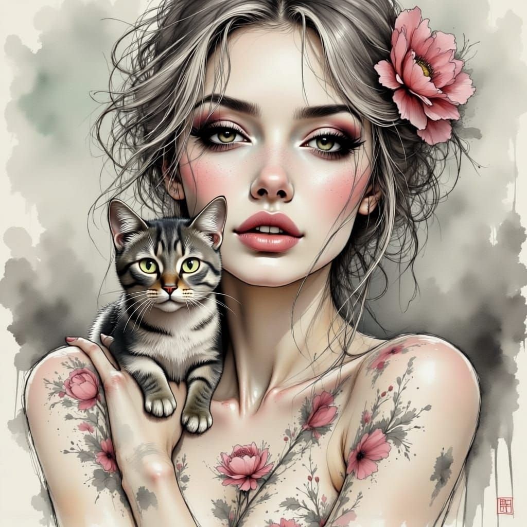 Cute Animal Illustration in Japanese Ink Style