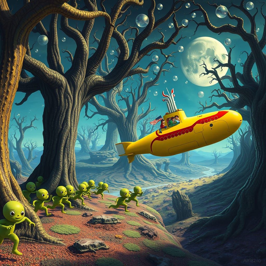 Surreal Fantasy Beings Chase Yellow Submarine Through Upside...
