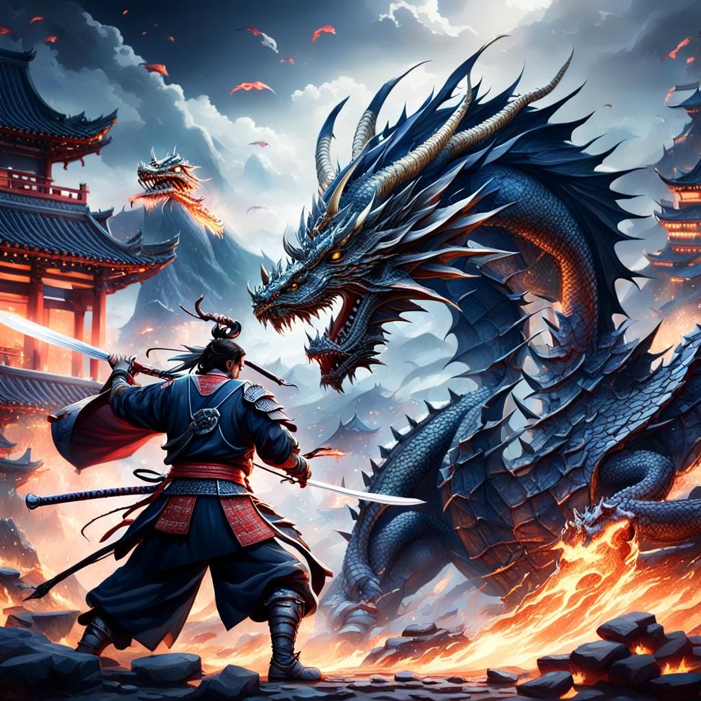 Dragon and Samurai Battle in Fantasy Art