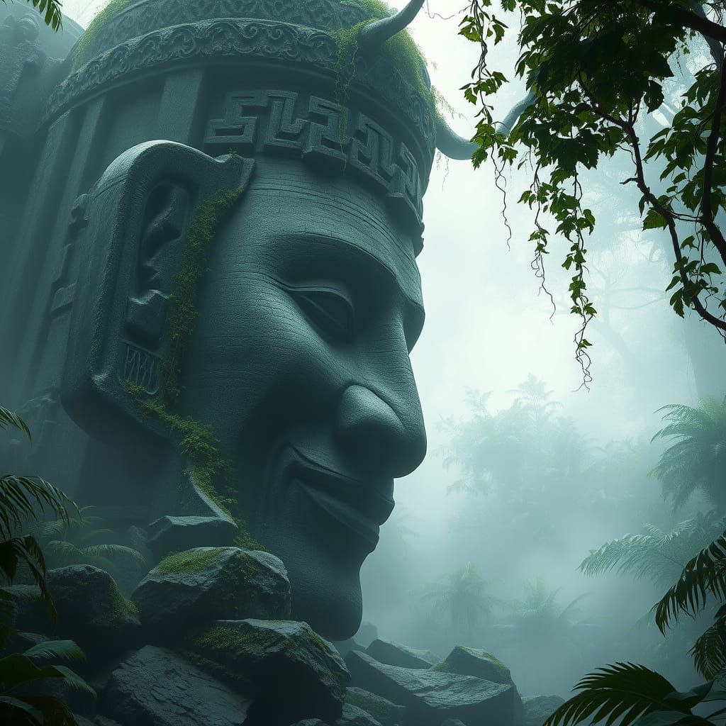 Ancient Stone Head in Misty Jungle - Hyperrealistic Concept ...