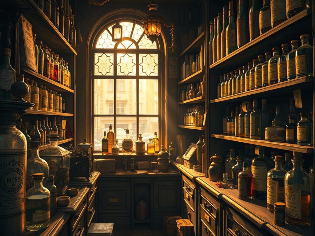 Forgotten Apothecary Shop in Whimsical Futuristic Noir