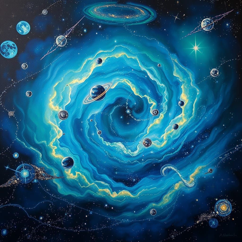 Cosmic Tapestry: Swirling Galaxies in Sapphire and Emerald