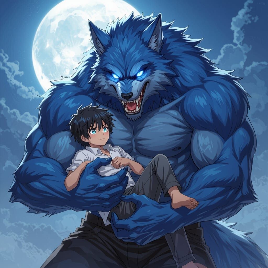 Blue Fur Werewolf Holds Human, Anime Style
