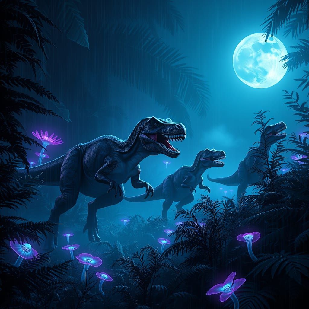 Velociraptors Hunting in Bioluminescent Cyberpunk Forest
