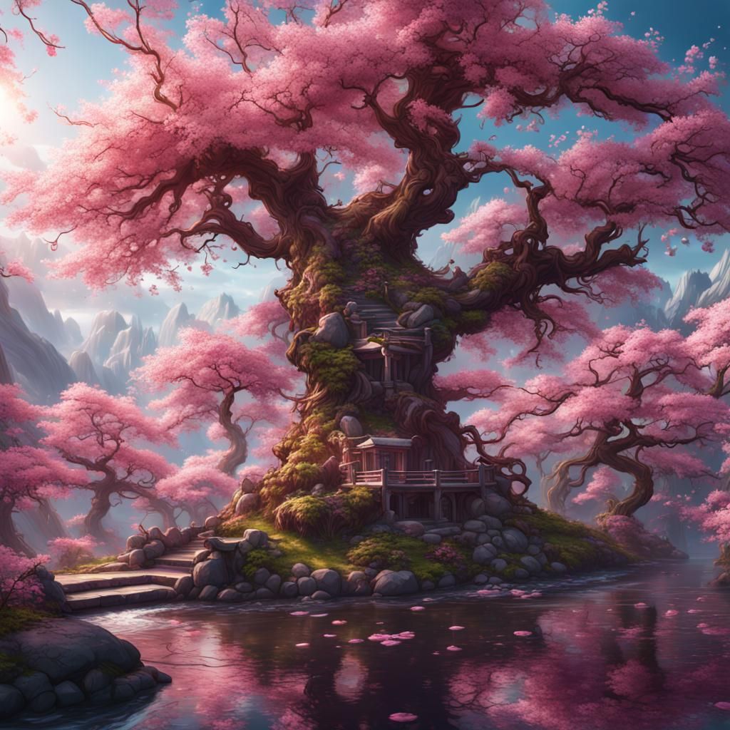 Fantasy Cherry Blossom Landscape in Detailed Matte Painting