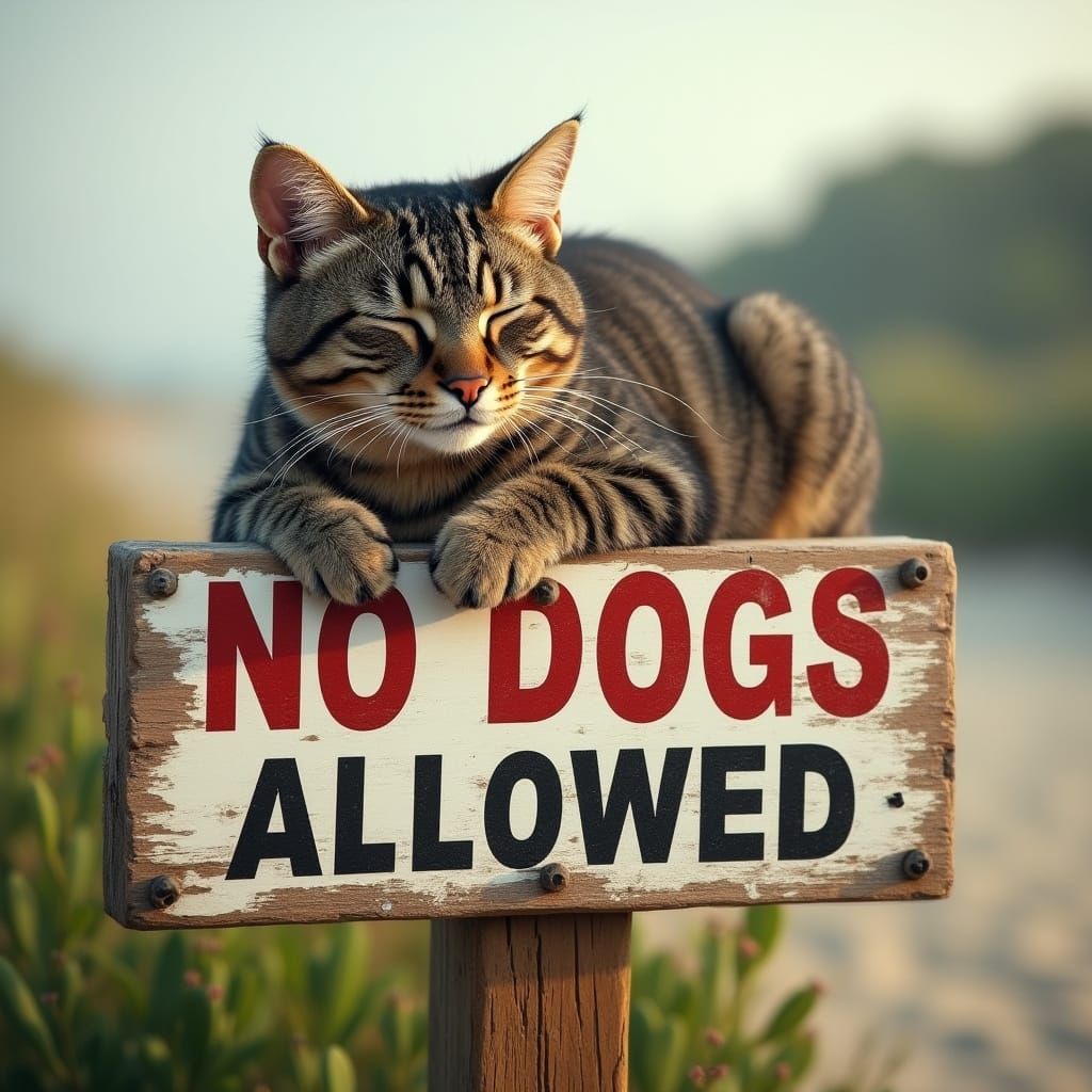 Whimsical Tabby Cat Defies 'No Dogs Allowed' Sign in Serene ...
