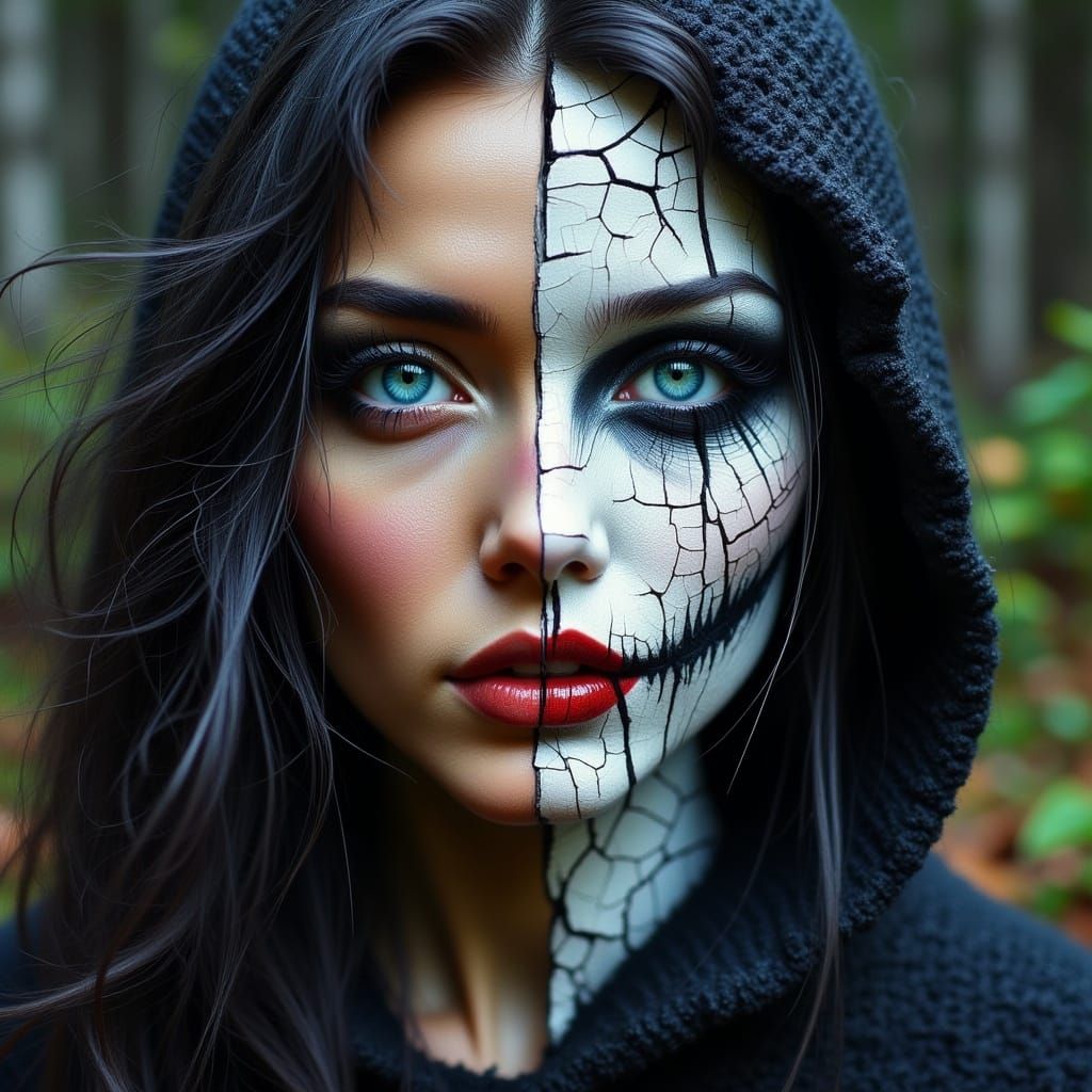 Split Face Witch Portrait with Cracked Impasto Texture