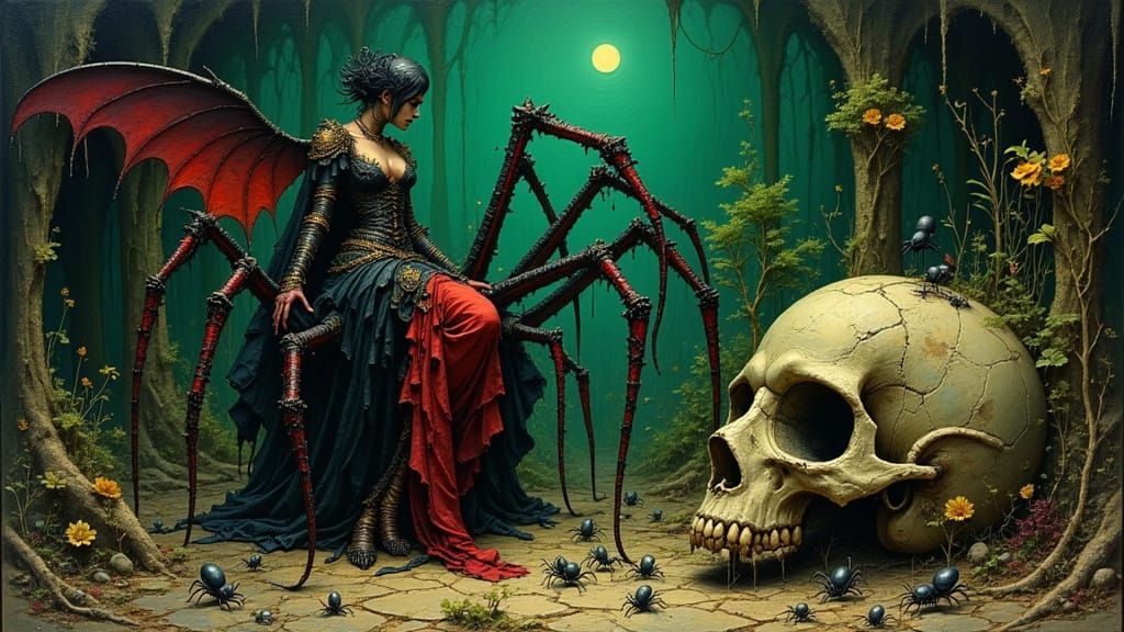 Evil Spider Queen in Gothic Cave with Eerie Glow