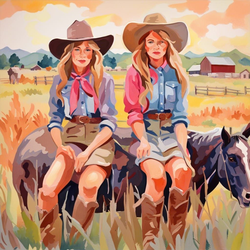 Cowgirl Sisters on Farm as Gouache Painting