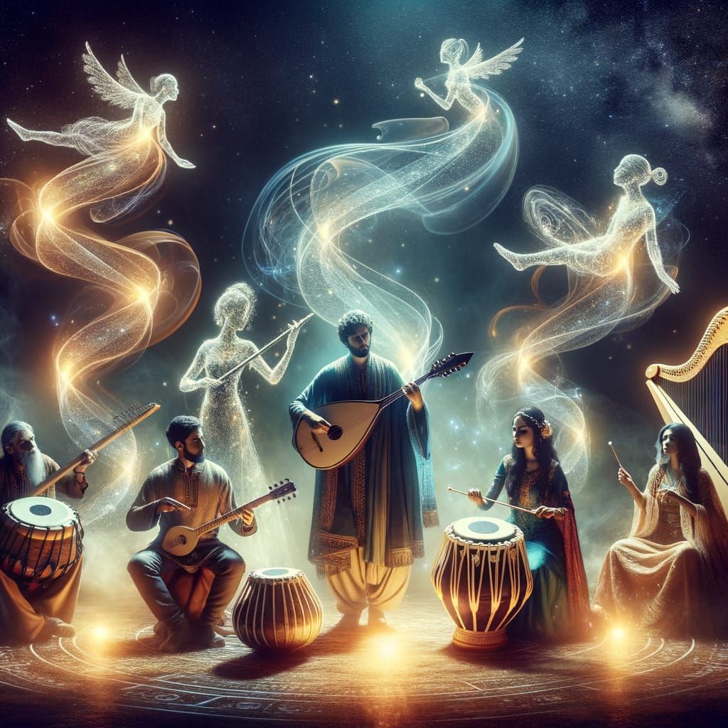 Musicians Play Glowing Instruments Under Starry Night Sky