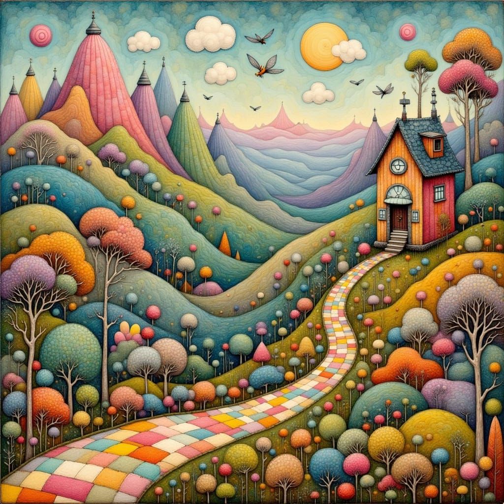 Whimsical Folk Art Scene with Patchwork Caravan and Wavy Mou...